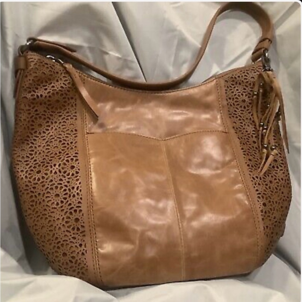 The Sak Seqoia D421 Leather Hobo Bag Laser cut w/Fringe beaded keychain